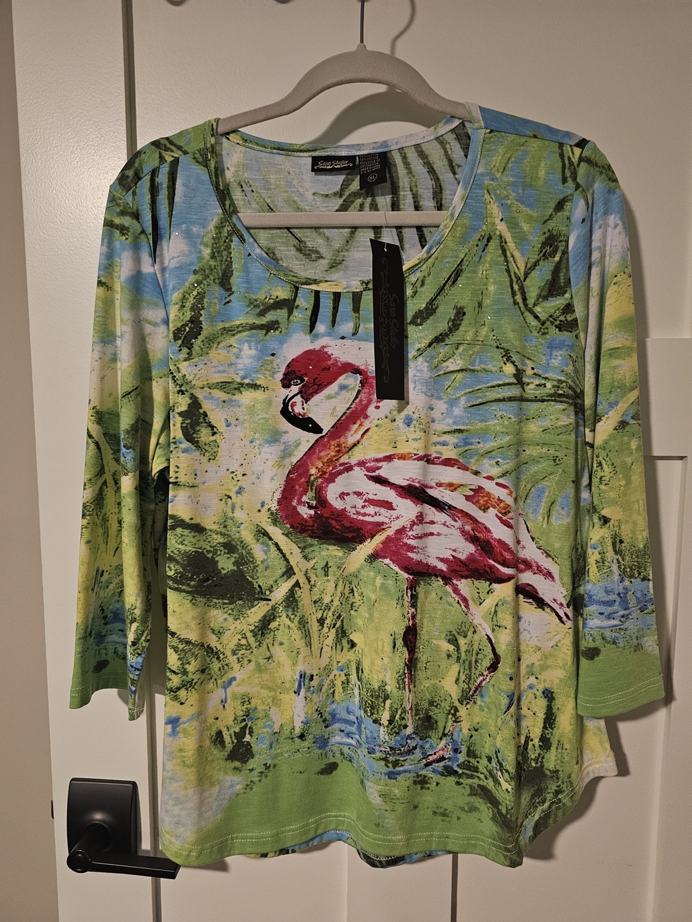 Aa Studio Green and Pink Flamingo Long Sleeve Top